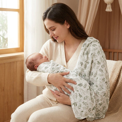 אמא מחזיקה תינוק עטוף בסמיכת CocoWrap